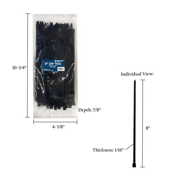 MultiPurpose Zip Ties Black 8" 100 Count Spring Creek Products